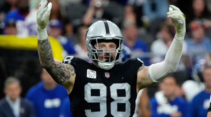Las Vegas Raiders defensive end Maxx Crosby (98) reacts after a defensive stop against the New York Giants during the first half of an NFL football game, Sunday, Nov. 5, 2023, in Las Vegas. (AP Photo/Rick Scuteri)